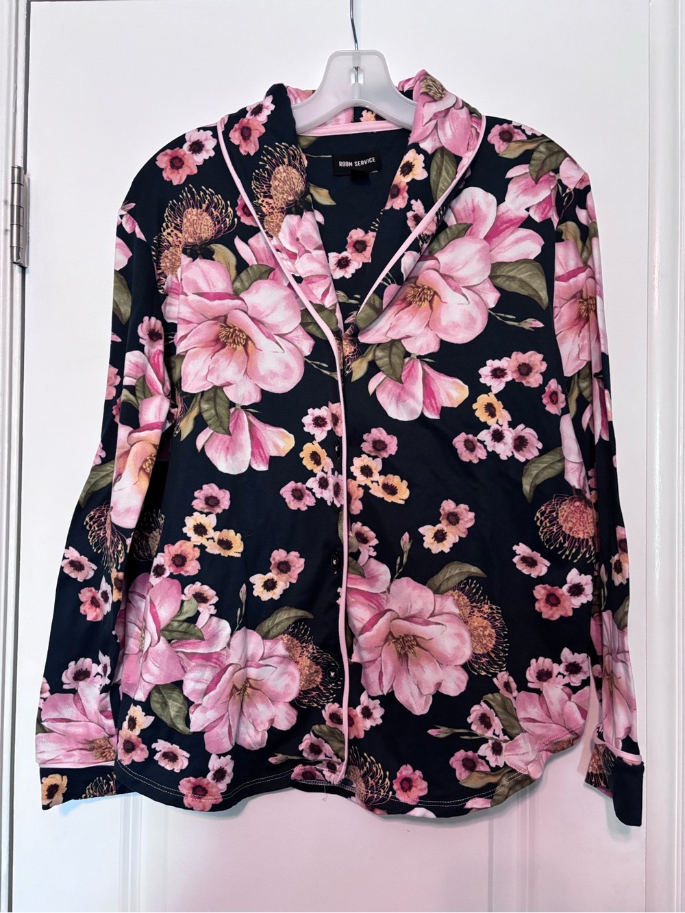 Room Service Floral Blouse Pajama Top Medium Silky Button Front Cottagecore